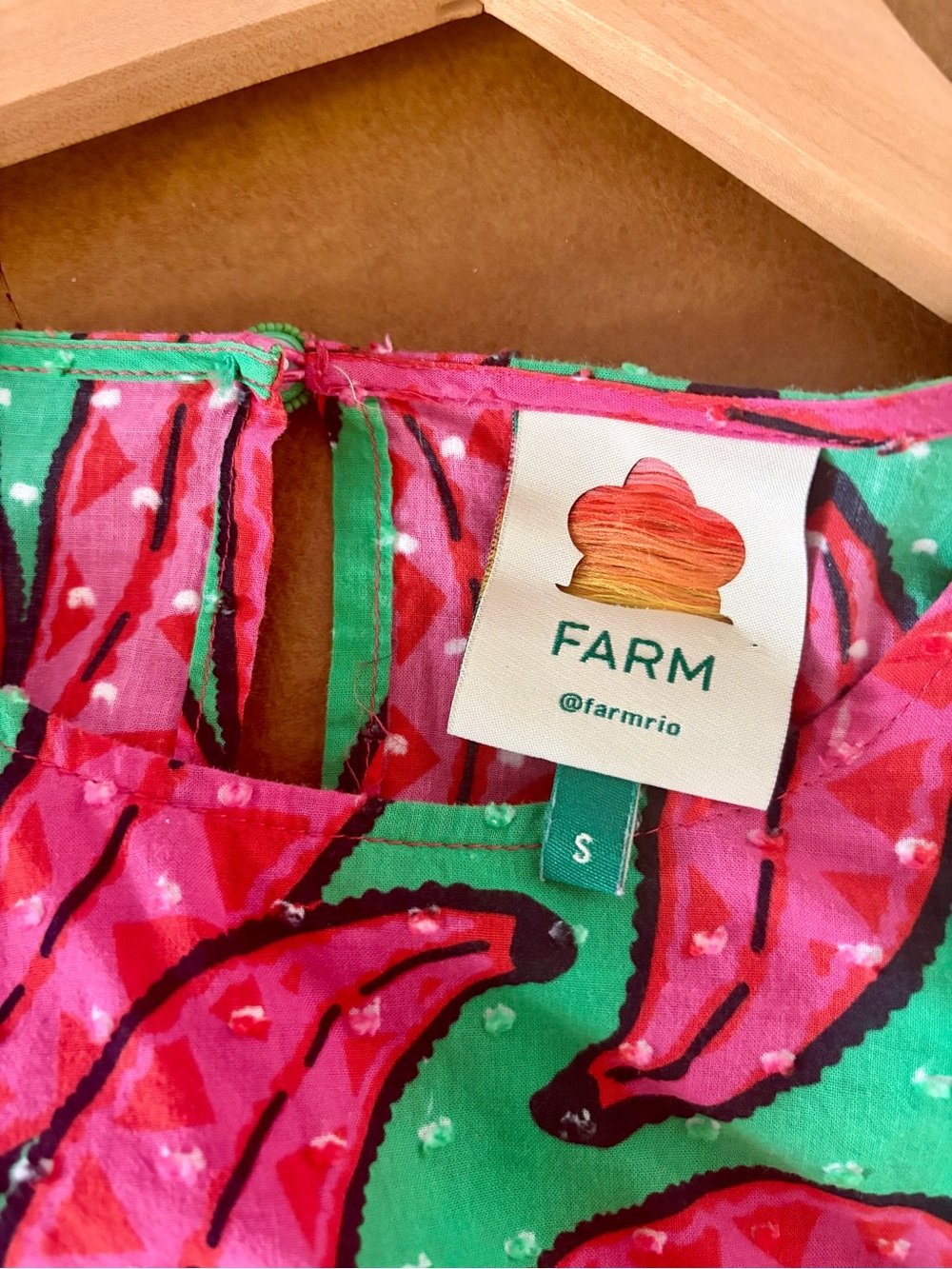 FARM Rio Banana Pitta Pink Green Floral Puff Sleeve Blouse Size Small - Picture 7 of 9